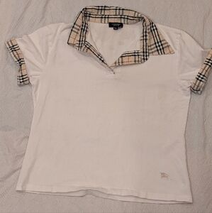 Cream Plaid Polo Shirt with Cuffed Sleeves